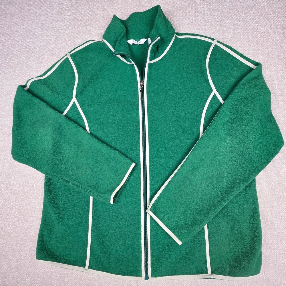 IZOD Womens Fleece‎ Full Zip Jacket Green White Piping Mock Neck Sporty L